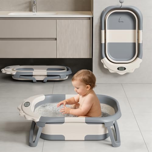 TPN 4-in-1 Grow-with-Me Collapsible Baby Bathtub, Baby Tub for Newborns to Toddler with Soft Floating Cushion & Thermometer, Portable Baby Bath Tub, Infant Bathtub for Bath Support in Tub,Grey